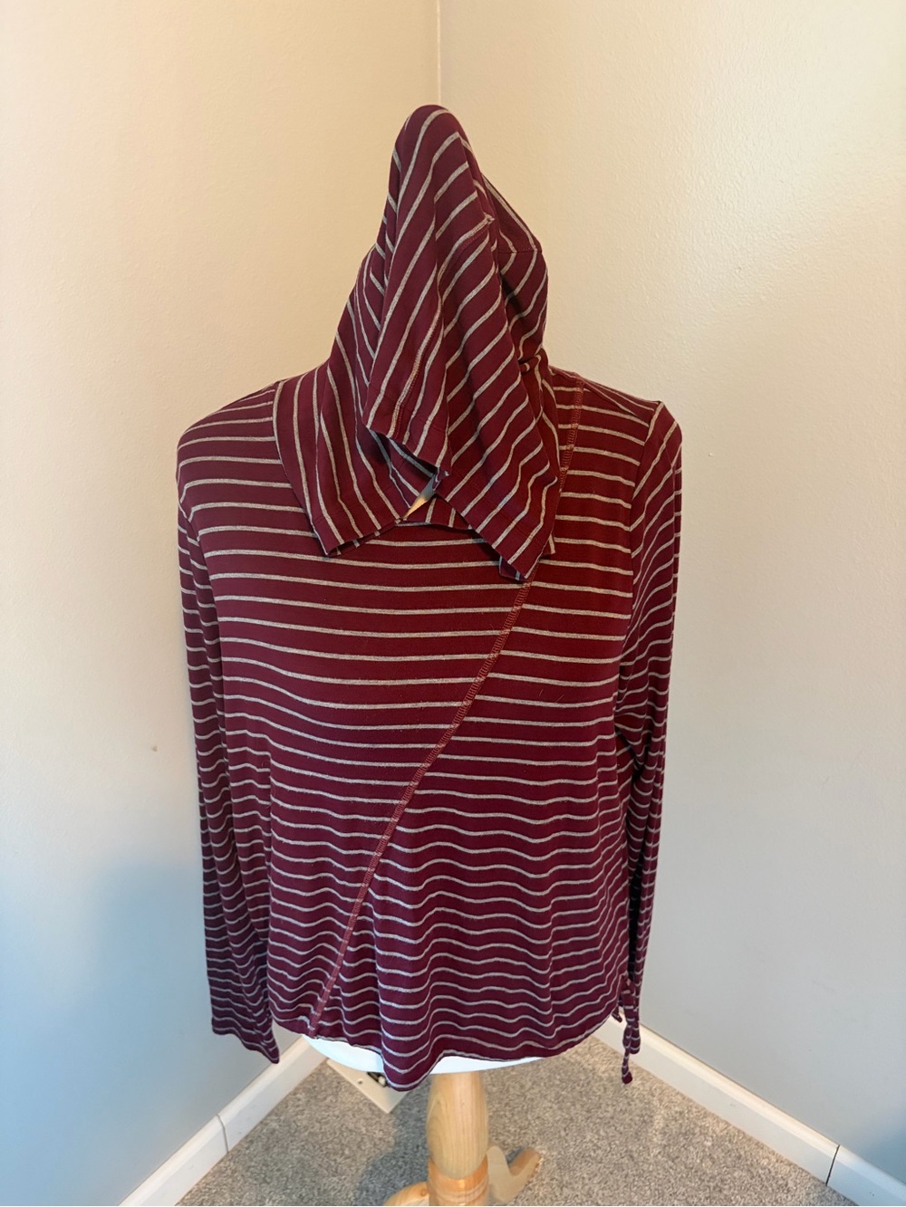 CAbi Burgundy and Gray Striped Time Off Hoodie Long Sleeve Top #3499